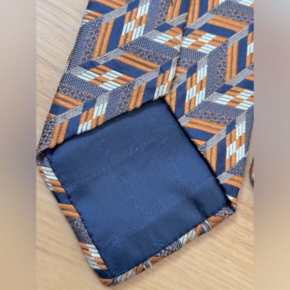 Vintage Brocade ERMENEGILDO ZEGNA Navy Orange Chevron Men's Silk Luxury Neck Tie - Picture 4 of 5